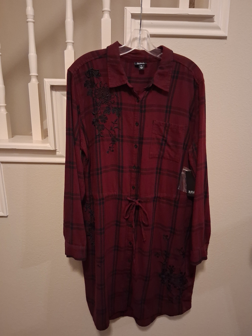 a.n.a Burgundy Plaid Button-Front Tunic with Drawstring
